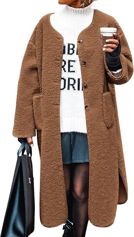 Poetsky Womens Winter Teddy Faux Fur Coats Warm Button Down Fuzzy Fleece Long Jacket Outerwear Outfits in Kuwait