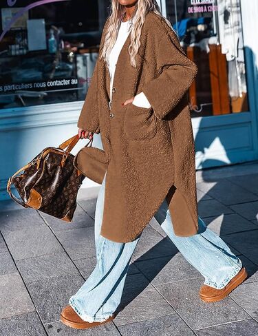 Poetsky Womens Winter Teddy Faux Fur Coats Warm Button Down Fuzzy Fleece Long Jacket Outerwear Outfits in Kuwait