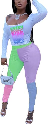 Remelon Womens 2 Piece Sweatsuits Color Block Long Sleeve Crop Top Leggings Workout Set Tracksuit Loungewear in Kuwait