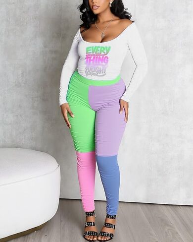 Remelon Womens 2 Piece Sweatsuits Color Block Long Sleeve Crop Top Leggings Workout Set Tracksuit Loungewear in Kuwait