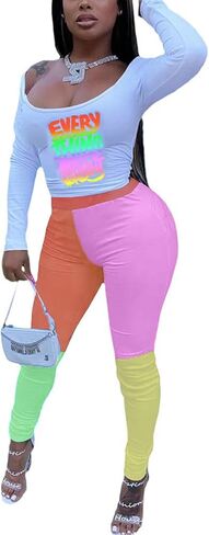 Remelon Womens 2 Piece Sweatsuits Color Block Long Sleeve Crop Top Leggings Workout Set Tracksuit Loungewear in Saudi Arabia