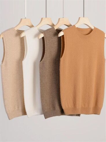Womens Sleeveless Crewneck Pullover Sweater Merino Wool Casual Waistcoat Female Knitwear Tops in Saudi Arabia