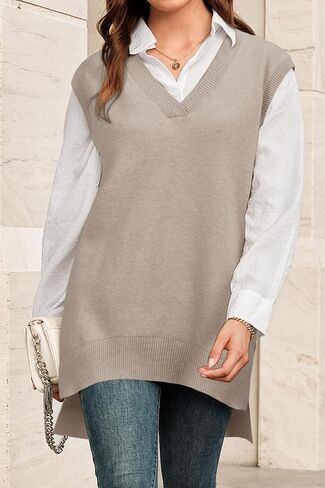Arach&Cloz Women's Wool Blend Side Slit High Low Versatile V Neck Fall Sweater Vests 2025 in Saudi Arabia