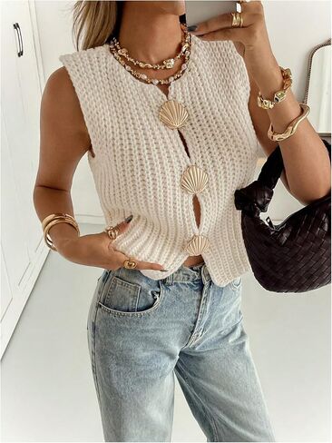 Floerns Women's Sleeveless Sweater Vest Metal Shell Crew Neck Knitted Pullover Top in Saudi Arabia