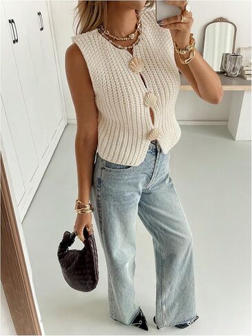 Floerns Women's Sleeveless Sweater Vest Metal Shell Crew Neck Knitted Pullover Top in Saudi Arabia