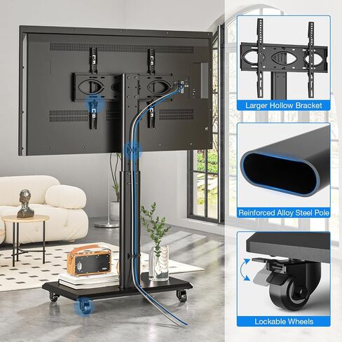 Rfiver Sleek Rolling TV Stand with Power Outlet for Home Decor, Height Adjustable Portable TV Stand on Wheels for 32-70 Inch TVs, Strong Tall Mobile TV Cart with Mount Up to 88 lbs, White in Saudi Arabia