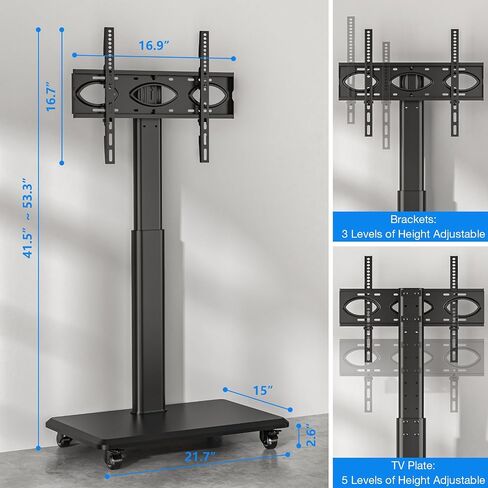 Rfiver Sleek Rolling TV Stand with Power Outlet for Home Decor, Height Adjustable Portable TV Stand on Wheels for 32-70 Inch TVs, Strong Tall Mobile TV Cart with Mount Up to 88 lbs, White in Saudi Arabia