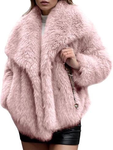 Arssm Womens Fluffy Coat Faux Fur Cardigan Jacket Long Sleeve Lapel Faux Fur Coat Outwear Warm Winter in Kuwait