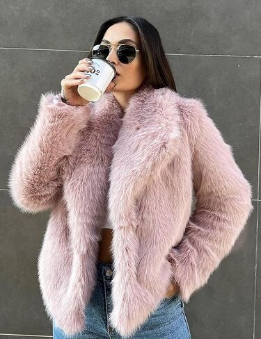 Arssm Womens Fluffy Coat Faux Fur Cardigan Jacket Long Sleeve Lapel Faux Fur Coat Outwear Warm Winter in Kuwait