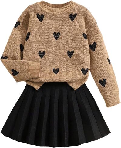 Girl's 2 Piece Cute Outfits Heart Graphic Long Sleeve Crewneck Sweater and Pleated Knit Skirt Sets in Saudi Arabia
