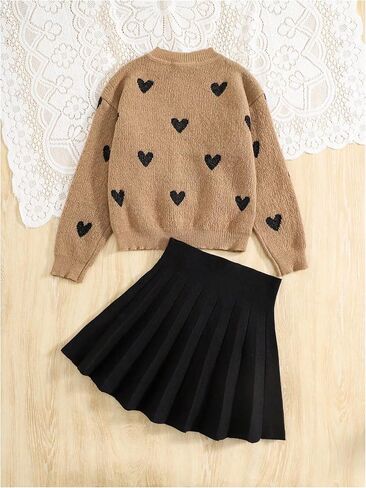 Girl's 2 Piece Cute Outfits Heart Graphic Long Sleeve Crewneck Sweater and Pleated Knit Skirt Sets in Saudi Arabia