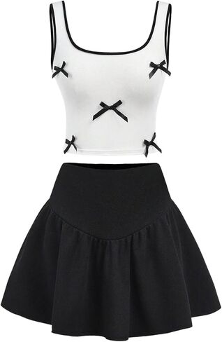 Verdusa Cute Clothes For Girls 2 Piece Bowknot Outfits Sleeveless Crop Tank Tops with Ruffle A Line Skirt Set in Saudi Arabia