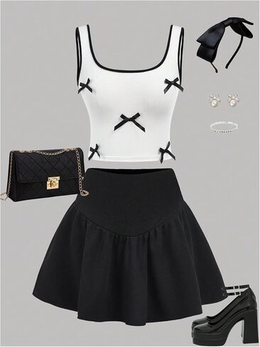 Verdusa Cute Clothes For Girls 2 Piece Bowknot Outfits Sleeveless Crop Tank Tops with Ruffle A Line Skirt Set in Saudi Arabia
