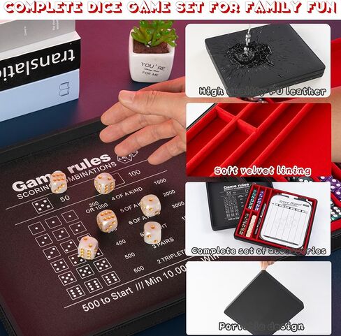 صينية النرد وحقيبة تخزين لعبة فاركل - تتضمن مجموعات تسجيل مدمجة، 4 مجموعات من 6 نرد لؤلؤي، 50 ورقة نقاط وحامل أقلام للعبة العائلية الكلاسيكية - أحمر وأسود in Kuwait