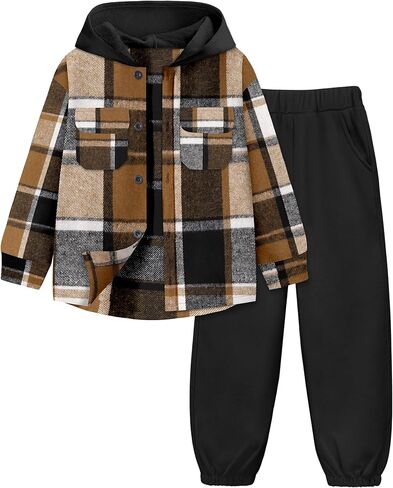 Migu Boys Cloths Fashion Long Long Sweatsuit Flannel Plaid Button Button Kids Little Own Outfits مجموعات 2 PCS in Kuwait
