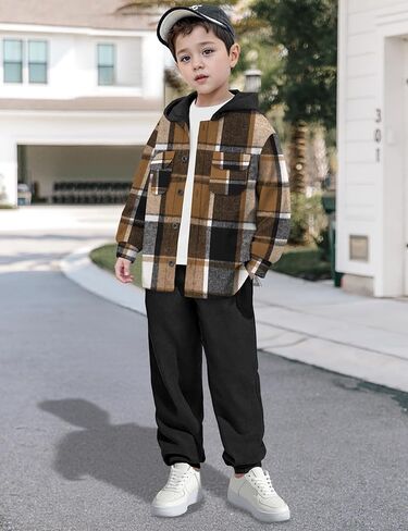Migu Boys Cloths Fashion Long Long Sweatsuit Flannel Plaid Button Button Kids Little Own Outfits مجموعات 2 PCS in Kuwait