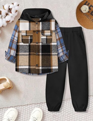 Migu Boys Cloths Fashion Long Long Sweatsuit Flannel Plaid Button Button Kids Little Own Outfits مجموعات 2 PCS in Kuwait