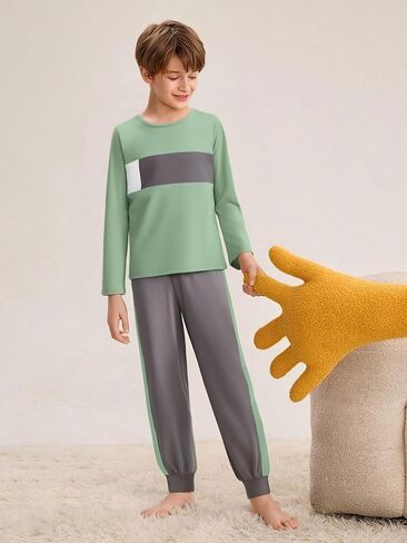 Boys Clothes Color Block Round Neck Long Sleeve Sweatshirt and Casual Pants 2Pcs Fall Outfits Clothes for Boys 6-14 Y in Kuwait