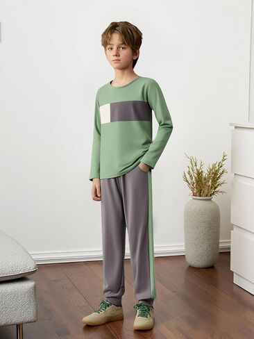 Boys Clothes Color Block Round Neck Long Sleeve Sweatshirt and Casual Pants 2Pcs Fall Outfits Clothes for Boys 6-14 Y in Kuwait