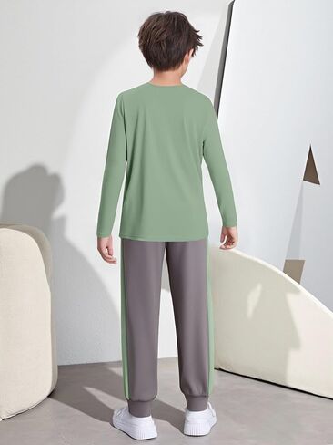 Boys Clothes Color Block Round Neck Long Sleeve Sweatshirt and Casual Pants 2Pcs Fall Outfits Clothes for Boys 6-14 Y in Kuwait