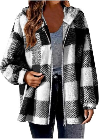 Sherpa Jacket Women with Hoodie Fuzzy Fleece Zip Up Plus Size Loose Plaid Hoodies Fall Fashion Hood 2025 in Saudi Arabia