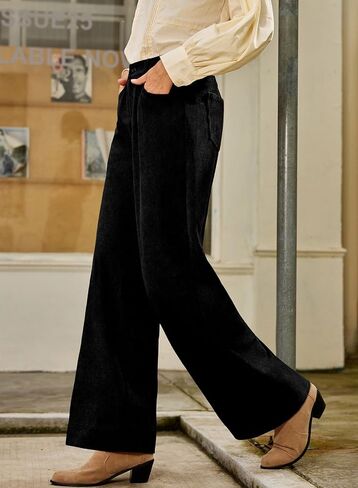 Sidefeel Women's Corduroy Pants Casual High Waisted Baggy Wide Leg Elastic Waist Loose Trousers with Pockets in Saudi Arabia