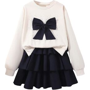 OYOANGLE Girl's Cute 2 Piece Outfits Long Sleeve Bow Sweatshirts and Layered Ruffle Short Skirt Sets in Saudi Arabia