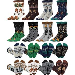 8 Pairs Funny Sasquatch Socks for Men Novelty Outdoor Hiking Crew Dress Socks with Cool Pattern Design Christmas Birthday Holiday Stocking Stuffers Gifts for Sasquatch Lover in Kuwait