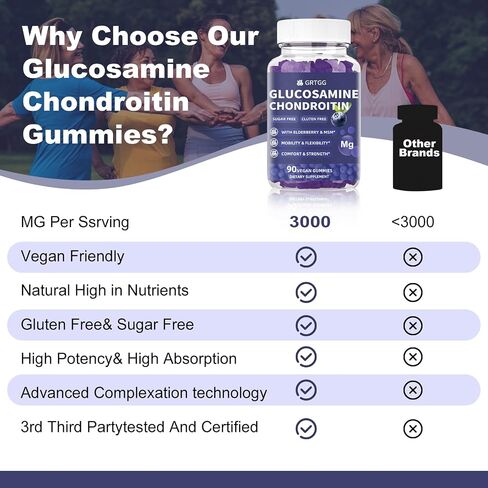 Glucosamine chondroitin gummies مع MSM & Elderberry Extra Strength 3000mg - دعم مشترك ، مكمل دعم المناعة المضاد للأكسدة للبالغين والنساء - 90 غولنبيري. in Kuwait
