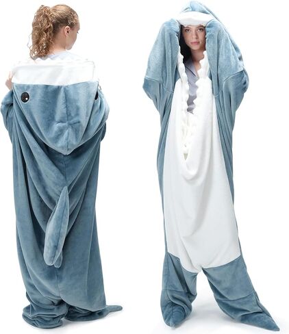 Touchat Shark Blanket for Adult & Kids Super Soft Cozy Flannel Throw Wearable Blanket, Cartoon Animals Shark Onesie Hoodie, Sleeping Bag Cosplay Shark Costume Blanket Gifts for Shark Lovers (Blue,M) in Saudi Arabia