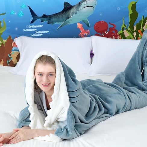 Touchat Shark Blanket for Adult & Kids Super Soft Cozy Flannel Throw Wearable Blanket, Cartoon Animals Shark Onesie Hoodie, Sleeping Bag Cosplay Shark Costume Blanket Gifts for Shark Lovers (Blue,M) in Saudi Arabia
