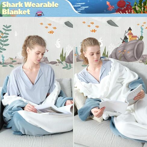 Touchat Shark Blanket for Adult & Kids Super Soft Cozy Flannel Throw Wearable Blanket, Cartoon Animals Shark Onesie Hoodie, Sleeping Bag Cosplay Shark Costume Blanket Gifts for Shark Lovers (Blue,M) in Saudi Arabia