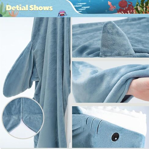 Touchat Shark Blanket for Adult & Kids Super Soft Cozy Flannel Throw Wearable Blanket, Cartoon Animals Shark Onesie Hoodie, Sleeping Bag Cosplay Shark Costume Blanket Gifts for Shark Lovers (Blue,M) in Saudi Arabia