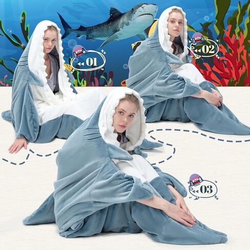 Touchat Shark Blanket for Adult & Kids Super Soft Cozy Flannel Throw Wearable Blanket, Cartoon Animals Shark Onesie Hoodie, Sleeping Bag Cosplay Shark Costume Blanket Gifts for Shark Lovers (Blue,M) in Saudi Arabia