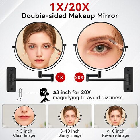 8" Wall Mount Makeup Mirror with 20X Strong Magnification, Double Sided Shaving Mirror Wall Mounted for Bathroom, 360°Swivel Extendable Vanity Mirror with Adjustable Arm for Daily Use, Black in Saudi Arabia