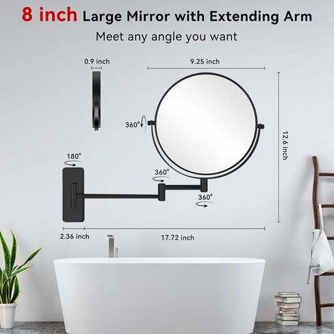 8" Wall Mount Makeup Mirror with 20X Strong Magnification, Double Sided Shaving Mirror Wall Mounted for Bathroom, 360°Swivel Extendable Vanity Mirror with Adjustable Arm for Daily Use, Black in Saudi Arabia