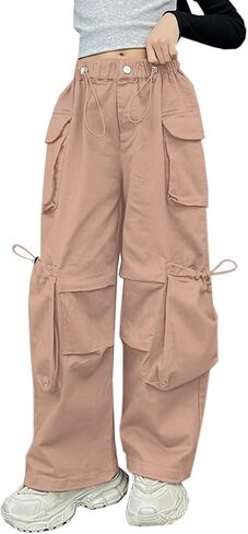 SANGTREE Girls' Vintage Multi-Pocket Cargo Pants Solid Color Streetwear, 3-14 Years in Kuwait