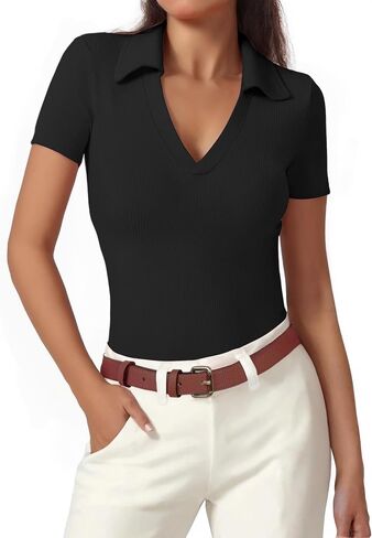 Polo Shirts for Women, Short Sleeve Business Casual Tops, V Neck Polo Collared Work Shirts, Ribbed Fitted Shirts in Saudi Arabia