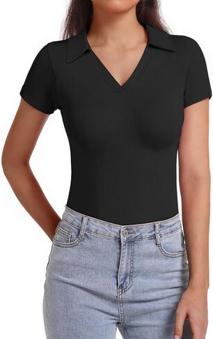 Polo Shirts for Women, Short Sleeve Business Casual Tops, V Neck Polo Collared Work Shirts, Ribbed Fitted Shirts in Saudi Arabia