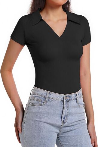 Polo Shirts for Women, Short Sleeve Business Casual Tops, V Neck Polo Collared Work Shirts, Ribbed Fitted Shirts in Saudi Arabia