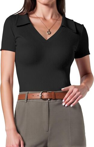 Polo Shirts for Women, Short Sleeve Business Casual Tops, V Neck Polo Collared Work Shirts, Ribbed Fitted Shirts in Saudi Arabia