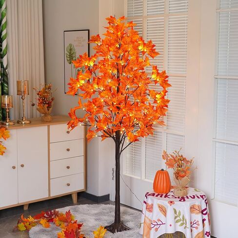 5FT Artificial Lighted Maple Tree with 96 LED & 192 Ultra-Dense Maple Leaves - Fall Decorations Maple Tree with Warm White Light for Home Thanksgiving Autumn Harvest Decor Indoor Outdoor in Kuwait