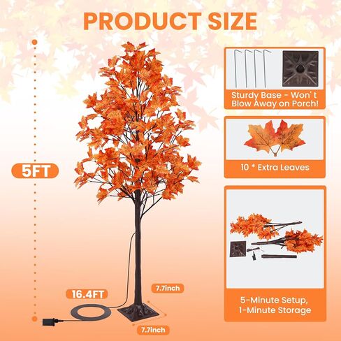 5FT Artificial Lighted Maple Tree with 96 LED & 192 Ultra-Dense Maple Leaves - Fall Decorations Maple Tree with Warm White Light for Home Thanksgiving Autumn Harvest Decor Indoor Outdoor in Kuwait