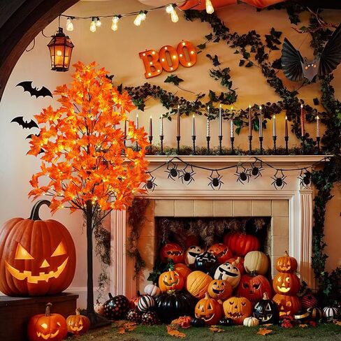 5FT Artificial Lighted Maple Tree with 96 LED & 192 Ultra-Dense Maple Leaves - Fall Decorations Maple Tree with Warm White Light for Home Thanksgiving Autumn Harvest Decor Indoor Outdoor in Kuwait