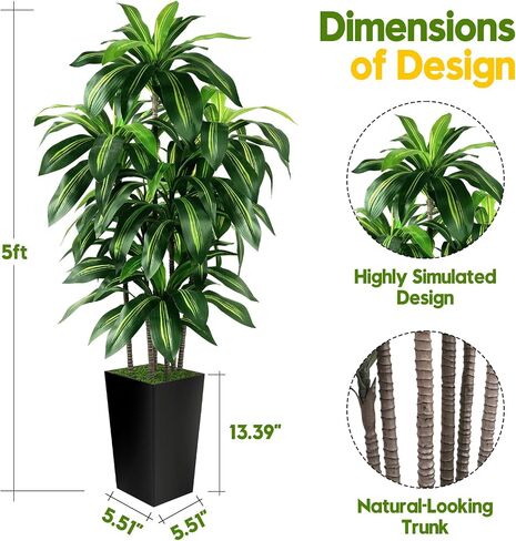 Artificial Dracaena Tree Indoor, 5FT Tall Fake Tree with White Tall Planter, Artificial Tree Fake Yucca Potted Tree for Home Office Living Room Decor，Tall Artificial Plant for Housewarming in Saudi Arabia