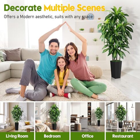 Artificial Dracaena Tree Indoor, 5FT Tall Fake Tree with White Tall Planter, Artificial Tree Fake Yucca Potted Tree for Home Office Living Room Decor，Tall Artificial Plant for Housewarming in Saudi Arabia