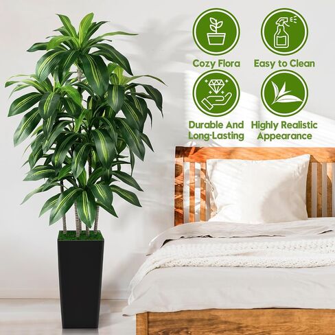 Artificial Dracaena Tree Indoor, 5FT Tall Fake Tree with White Tall Planter, Artificial Tree Fake Yucca Potted Tree for Home Office Living Room Decor，Tall Artificial Plant for Housewarming in Saudi Arabia