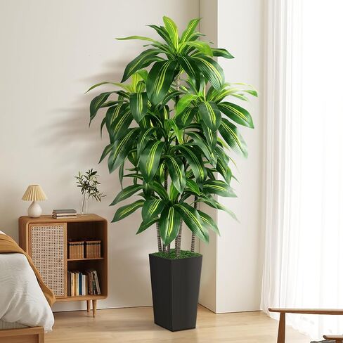 Artificial Dracaena Tree Indoor, 5FT Tall Fake Tree with White Tall Planter, Artificial Tree Fake Yucca Potted Tree for Home Office Living Room Decor，Tall Artificial Plant for Housewarming in Saudi Arabia