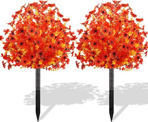 2pcs Fall Faux Shrub for Outdoor,23" UV Resistant Mum Flowers Topiary Balls with Ground Spike,Fall Fake Bushes Tree for Porch Garden Pathway Autumn Decor,Orange in Kuwait