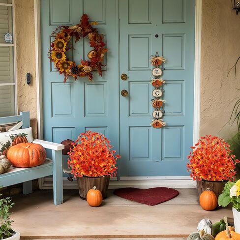 2pcs Fall Faux Shrub for Outdoor,23" UV Resistant Mum Flowers Topiary Balls with Ground Spike,Fall Fake Bushes Tree for Porch Garden Pathway Autumn Decor,Orange in Kuwait